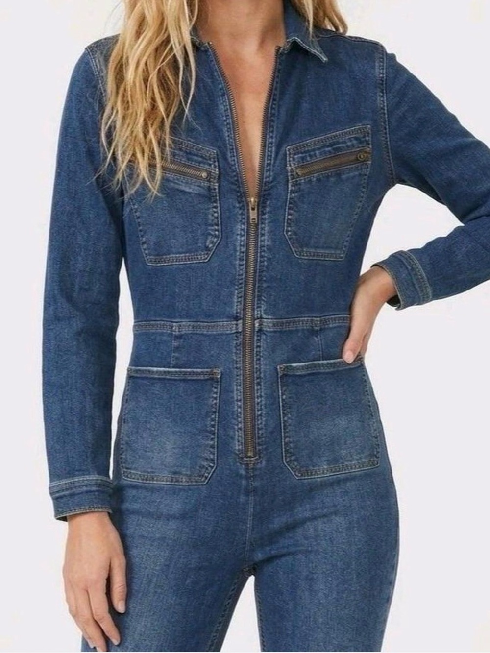 Free People Indigo Lennox Zip-Front Denim Jumpsuit